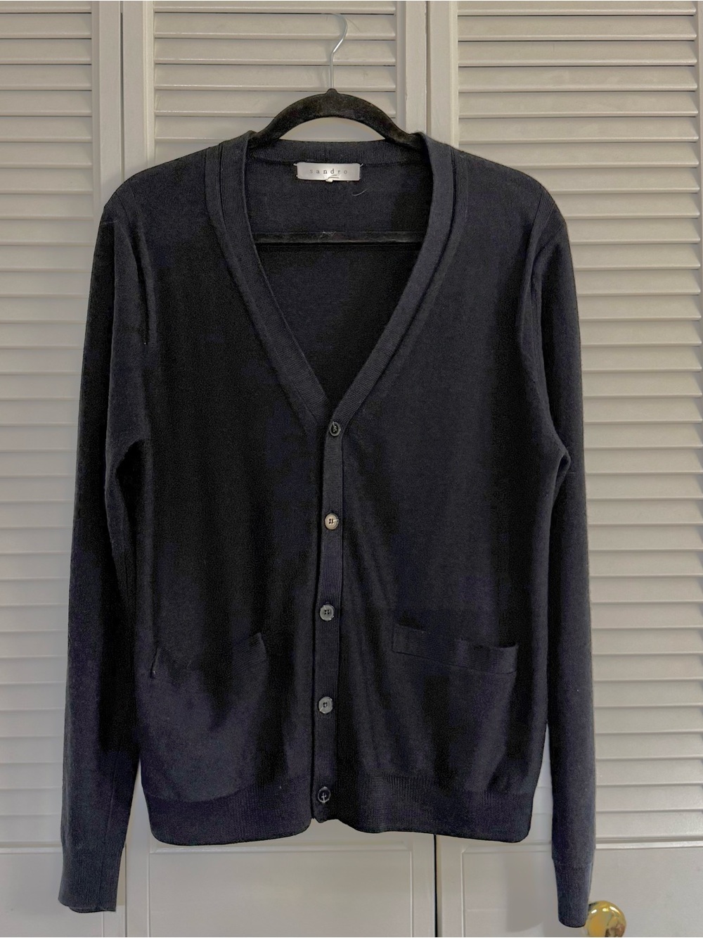 Sandro Men’s Navy Merino Wool Knit V-Neck Button Cardigan Sweater XL Pockets